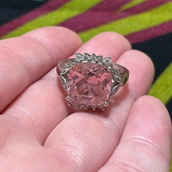 Pink CZ Sterling Silver 925 Cocktail Size 7 1/2 Ring - Picture 1 of 7